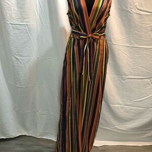 Vintage Brown and Orange Sleeveless V-neck Resort Jumpsuit